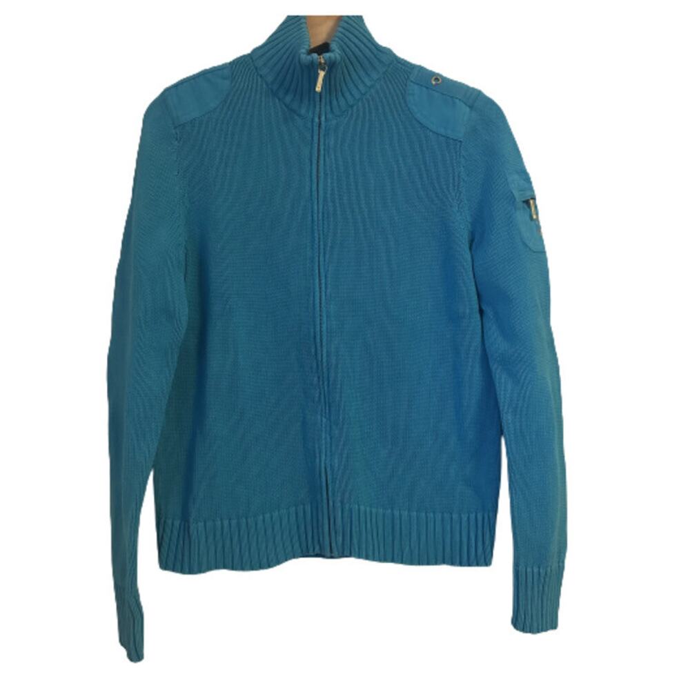 Lauren Ralph Lauren Sweater Mock Neck Cable Blue Zip Boat Nautical Preppy M